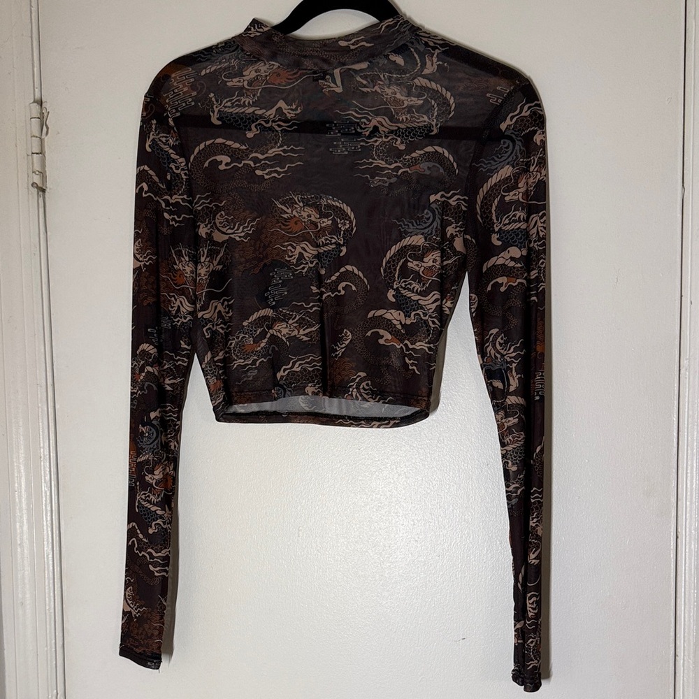 Brown Sheer Long-Sleeve Printed Crop Top